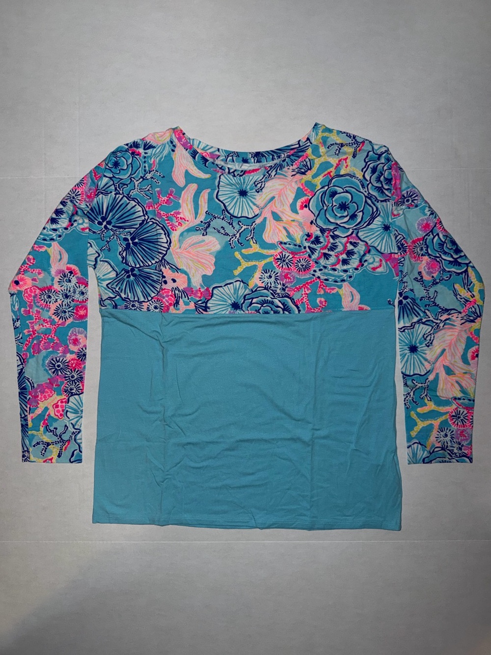 Lilly Pulitzer Turquoise Floral Colorblock Long-Sleeve Top